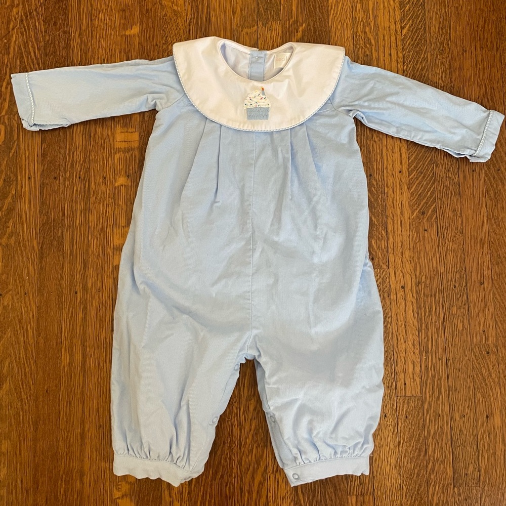 Blue Corduroy Embroidered Cupcake Long Romper